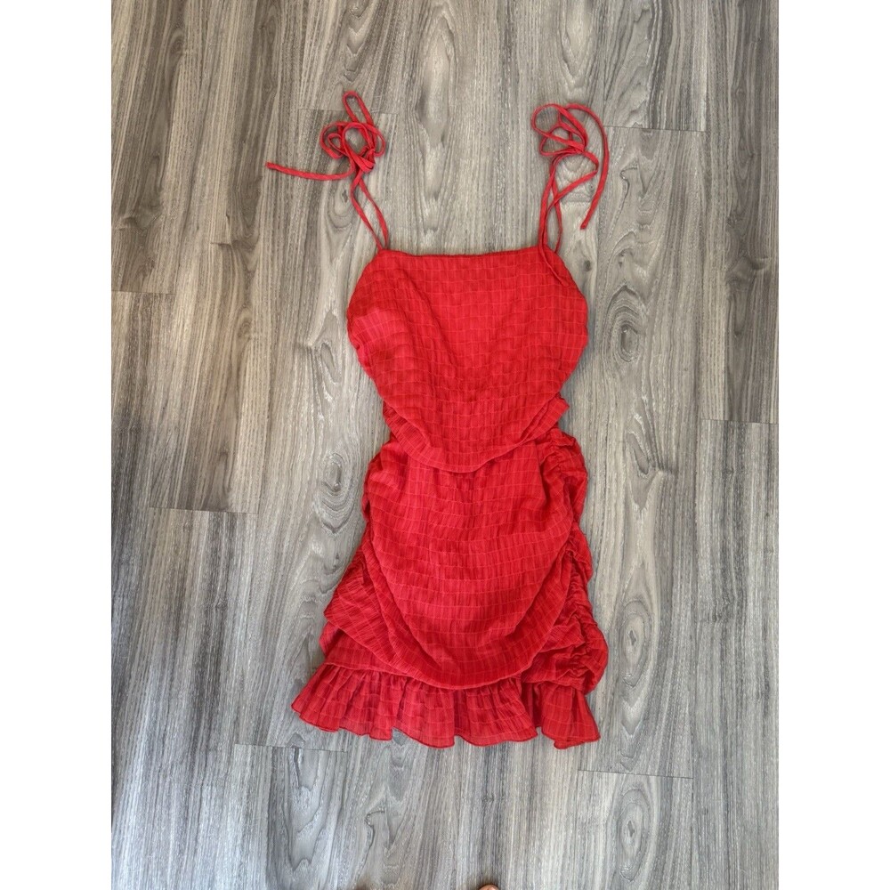 Lovers + Friends Amy Cherry Red Ruched Ruffle Spaghetti Strap Mini Dress M
